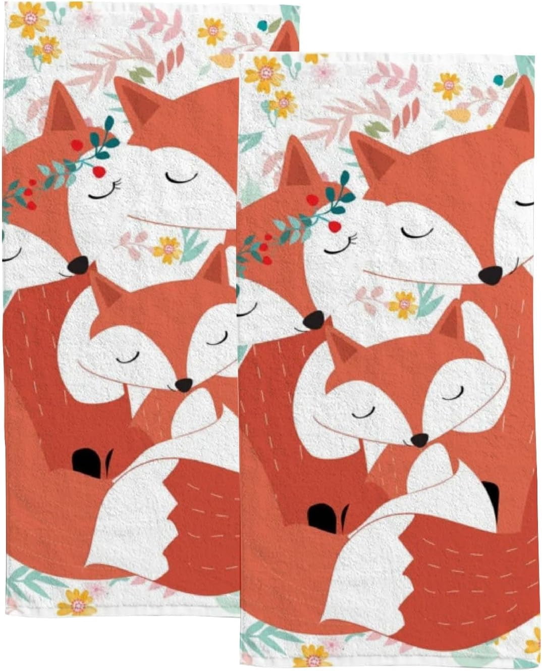 Absorbent Soft Hand Fingertip Towels 2 Pcs Face Bath Towels Set Cute Foxes and Baby Family