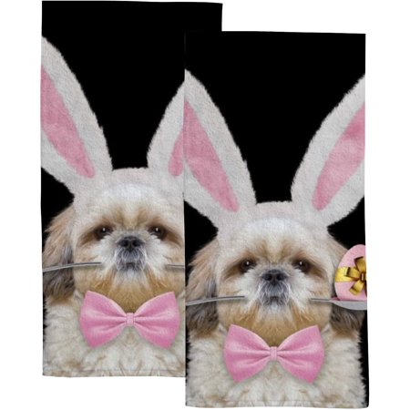 Absorbent Soft Hand Fingertip Towels 2 Pcs Face Bath Towels Set Cute Shitzu Dog with Rabbit Ears Washcloths for Bathroom Hotel Kitchen 30x15in