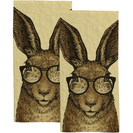 Absorbent Soft Hand Fingertip Towels 2 Pcs Face Bath Towels Set Easter Bunny with Glasses Washcloths for Bathroom Hotel Kitchen 30x15in