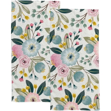Absorbent Soft Hand Fingertip Towels 2 Pcs Face Bath Towels Set Floral Pattern with Spring Flowers Washcloths for Bathroom Hotel Kitchen 30x15in
