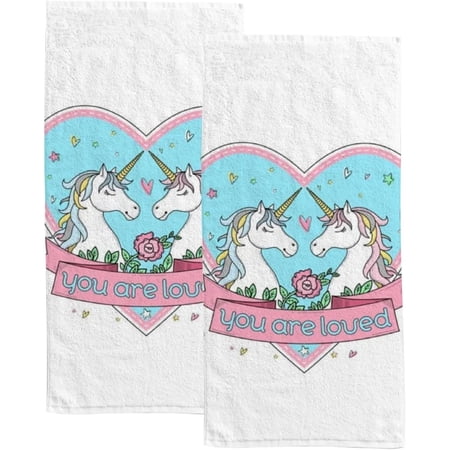 Absorbent Soft Hand Fingertip Towels 2 Pcs Face Bath Towels Set Heart Shape Frame with Two Unicorns Washcloths for Bathroom Hotel Kitchen 30x15in
