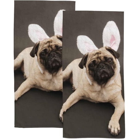 Absorbent Soft Hand Fingertip Towels 2 Pcs Face Bath Towels Set Pug with Rabbit Ears Washcloths for Bathroom Hotel Kitchen 30x15in