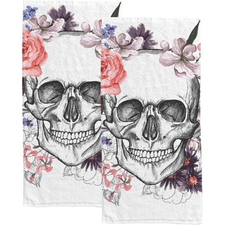 Absorbent Soft Hand Fingertip Towels 2 Pcs Face Bath Towels Set Skull and Flowers Washcloths for Bathroom Hotel Kitchen 30x15in