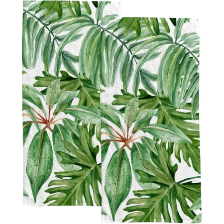 Absorbent Soft Hand Fingertip Towels 2 Pcs Face Bath Towels Set Summer Tropical Leaves Washcloths for Bathroom Hotel Kitchen 30x15in