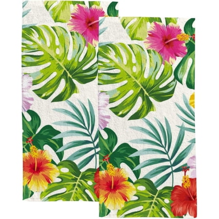 Absorbent Soft Hand Fingertip Towels 2 Pcs Face Bath Towels Set Summer Tropical Palm Leaves and Flowers Washcloths for Bathroom Hotel Kitchen 30x15in