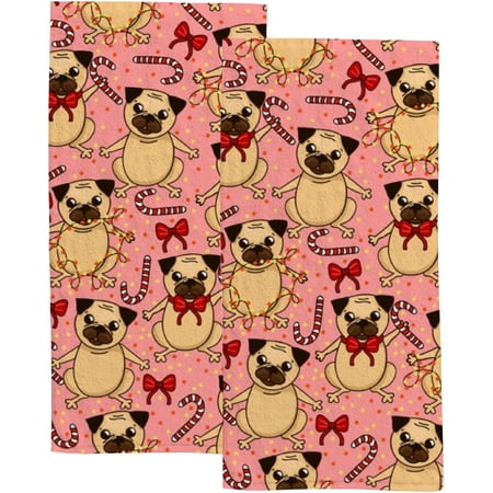 Absorbent Soft Hand Fingertip Towels 2 Pcs Face Bath Towels Set Sweety Pattern with Cute Pug Washcloths for Bathroom Hotel Kitchen 30x15in