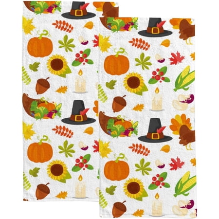 Absorbent Soft Hand Fingertip Towels 2 Pcs Face Bath Towels Set Thanksgiving Holiday Symbols Washcloths for Bathroom Hotel Kitchen 30x15in