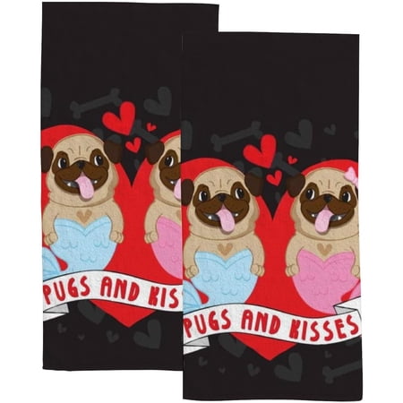 Absorbent Soft Hand Fingertip Towels 2 Pcs Face Bath Towels Set Valentine Mermaid Pugs Washcloths for Bathroom Hotel Kitchen 30x15in
