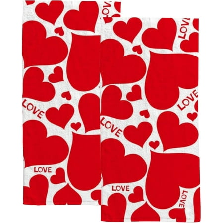 Absorbent Soft Hand Fingertip Towels 2 Pcs Face Bath Towels Set Valentine Red Hearts Pattern Washcloths for Bathroom Hotel Kitchen 30x15in
