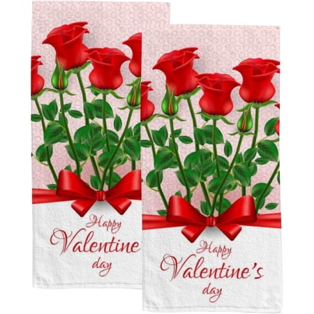 Absorbent Soft Hand Fingertip Towels 2 Pcs Face Bath Towels Set Valentine's Day Beautiful Roses Washcloths for Bathroom Hotel Kitchen 30x15in