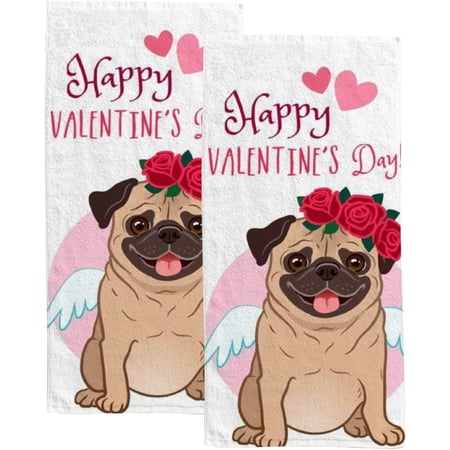 Absorbent Soft Hand Fingertip Towels 2 Pcs Face Bath Towels Set Valentine's Day Pug Dog Washcloths for Bathroom Hotel Kitchen 30x15in