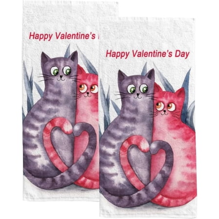 Absorbent Soft Hand Fingertip Towels 2 Pcs Face Bath Towels Set Watercolor Valentine Cats in Love Washcloths for Bathroom Hotel Kitchen 30x15in
