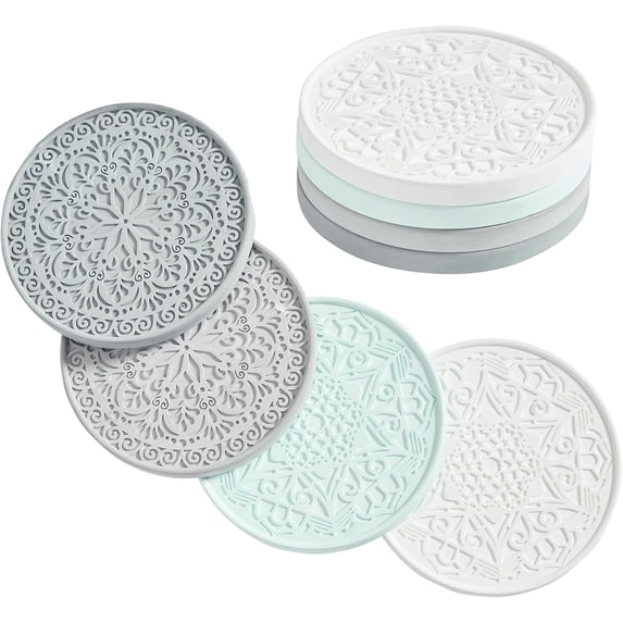 Absorbent Stone Set of 4 – Edged, Grooved, Quick-Drying Natural Diatomaceous Earth - Decor Drink Coaster for Tabletop Protection - Thirsty Stone Round 4 Inches in 4 Colors – Gift