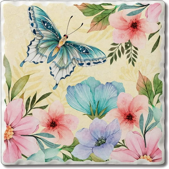 Absorbent Stone Tumbled Tile Coasters, Blue Butterfly Bloom, Set of 4