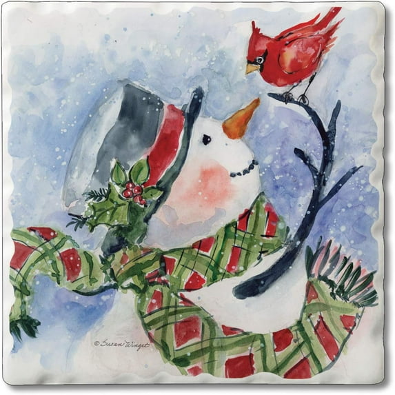 Absorbent Stone Tumbled Tile Coasters, Snowman Diamond Plaid, Set of 4