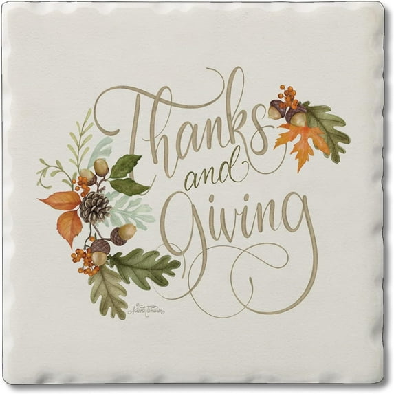 Absorbent Stone Tumbled Tile Coasters, Thanks and Giving, Set of 4