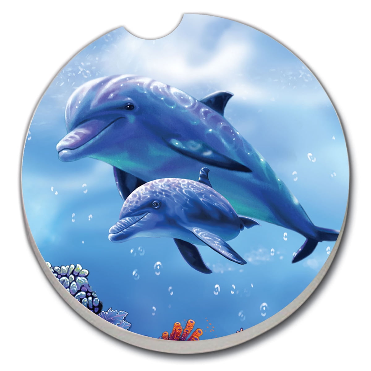 Blue Dolphin Ceramic Car Coaster Set, Round 2 Piece