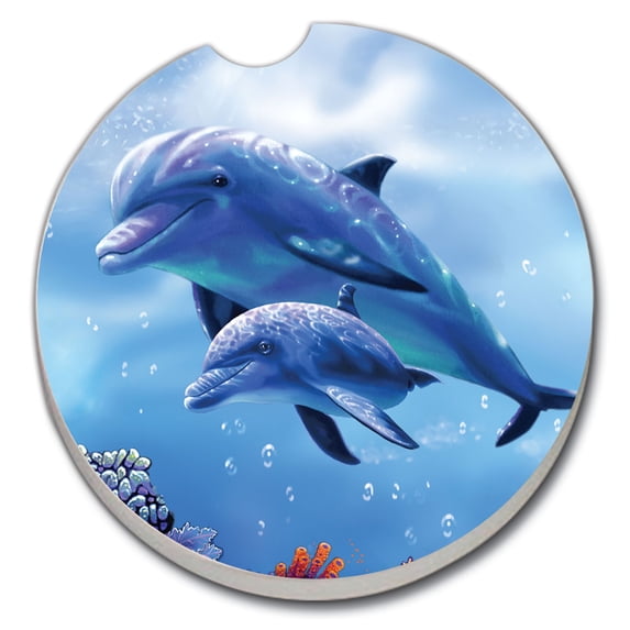 Absorbent Stoneware Car Coaster, Dolphin with Baby, Set of 2
