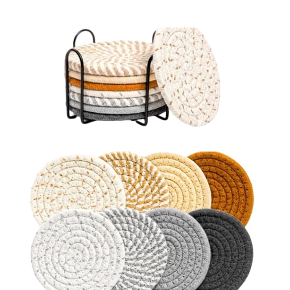 Absorbent Straw Coasters Set of 8 with Holder – 4.3 Inch Woven Natural Fiber Drink Coasters, Bohemian Table Decor for Coffee, Wine & Glass (Multicolor)