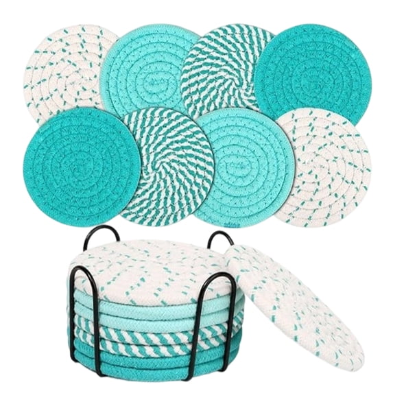 Absorbent Straw Coasters Set of 8 with Holder – 4.3 Inch Woven Natural Fiber Drink Coasters, Bohemian Table Decor for Coffee, Wine & Glass (Turquoise)