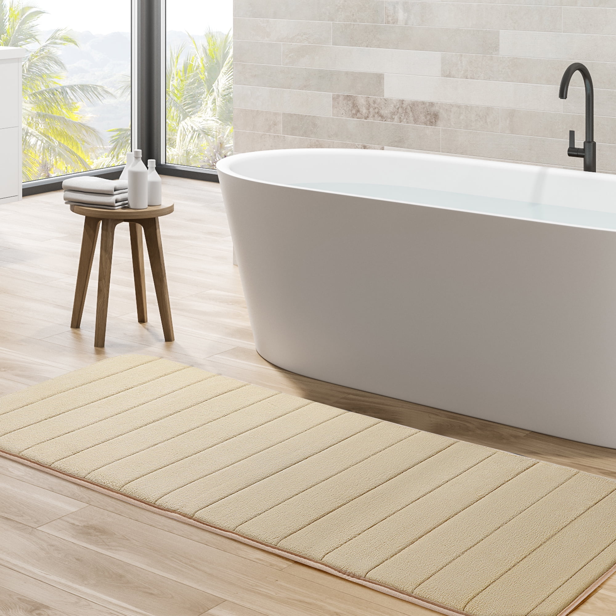 Beige Memory Foam Non-Slip Bath Runner Rug
