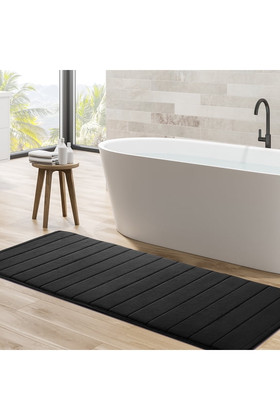 Absorbent Striped Thin Extra Long Memory Foam Bath Mat for Bathroom Bedroom Floor Shower Runner Rug Black 16" x 47"