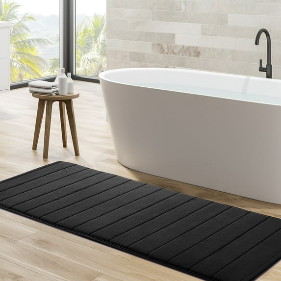 REGALWOVEN Absorbent Striped Thin Extra Long Memory Foam Bath Mat for Bathroom Bedroom Floor Shower Runner Rug Black 16" x 47"