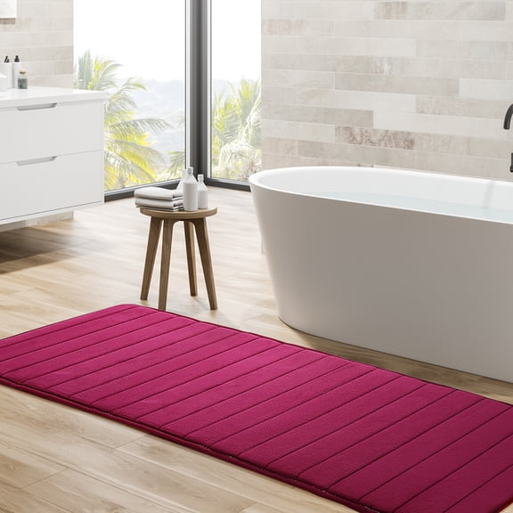 REGALWOVEN Absorbent Striped Thin Extra Long Memory Foam Bath Mat for Bathroom Bedroom Floor Shower Runner Rug Burgundy 24"x63"
