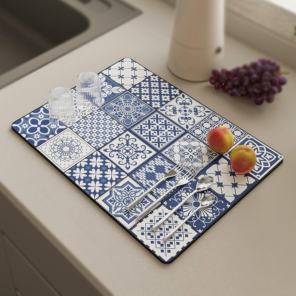 Absorbent WaterControlled Placemat, Retro American Style Flower Tile