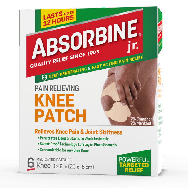 Absorbine Jr. Knee Pain Relief Patches for Knee Aches, Cramps & Joint Pain, Camphor & Menthol, 6