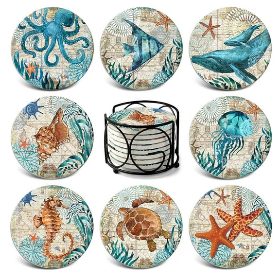 Coastal Ceramic Coasters Set of 8 - Ocean-Themed Absorbent Drink Coasters with Cork Base & Holder, 12cm Diameter for Wooden Tables, Kitchen, Beach Decor