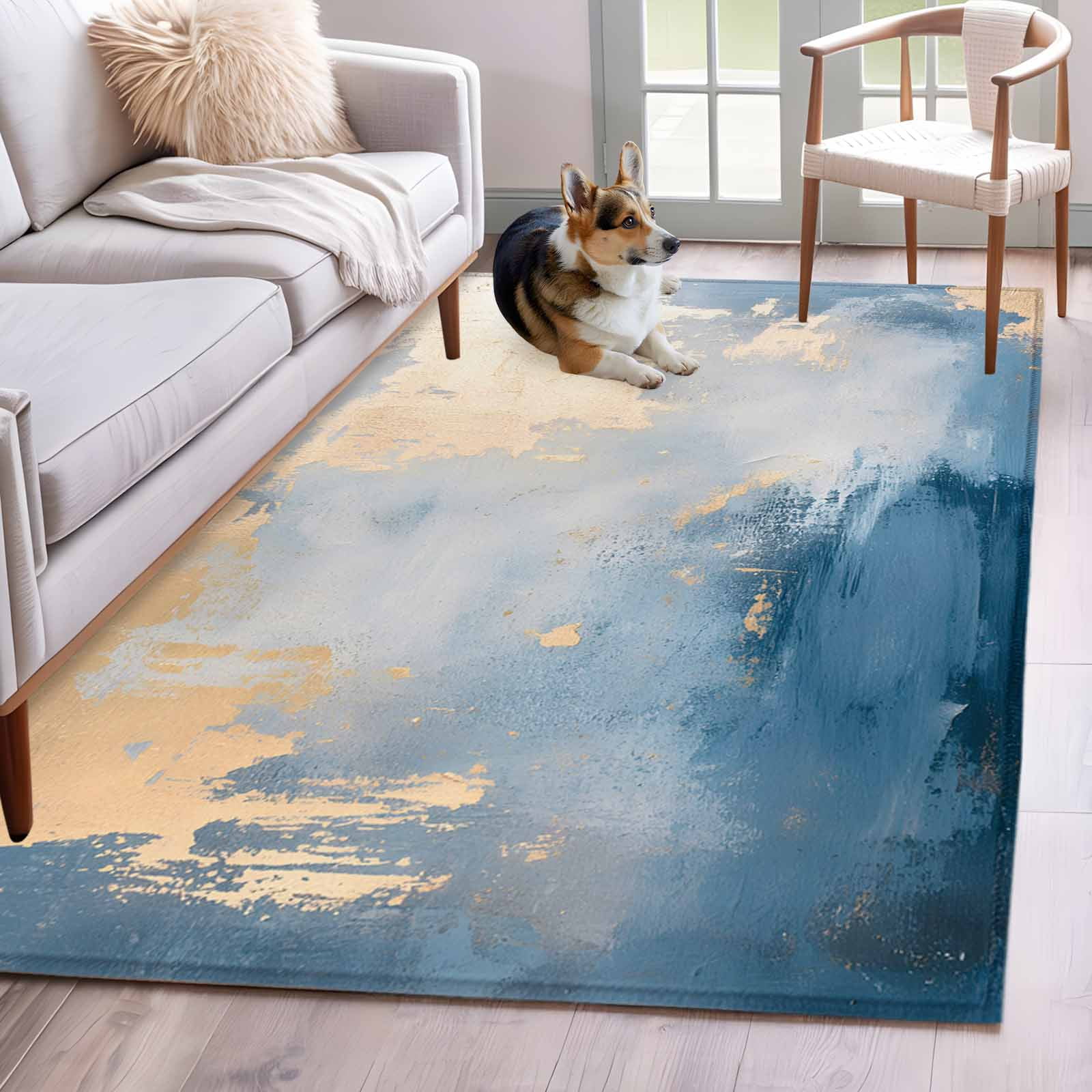 Absstract Color Block Area Rugs 4x6 ft Blue Beige Gradient Art Washable ...