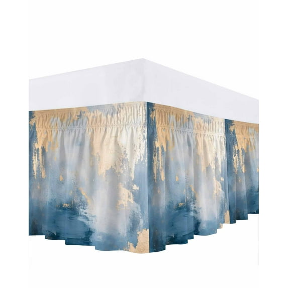 Absstract Color Block Bed Skirt Queen Size 16" Drop Blue Beige Gradient Art Ruffled Wrap Around Bed Skirts Adjustable Elastic Bedskirt Dust Ruffle for Queen Size Bed