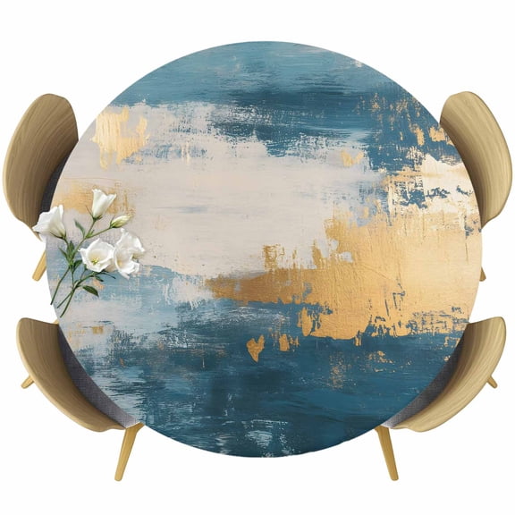 Absstract Color Block Round Fitted Table Cover Gold Blue Gradient Art Waterproof Table Cloth with Elastic Edge Wipeable Tablecloth for Picnic Camping Party Fits 55"-60" Diameter
