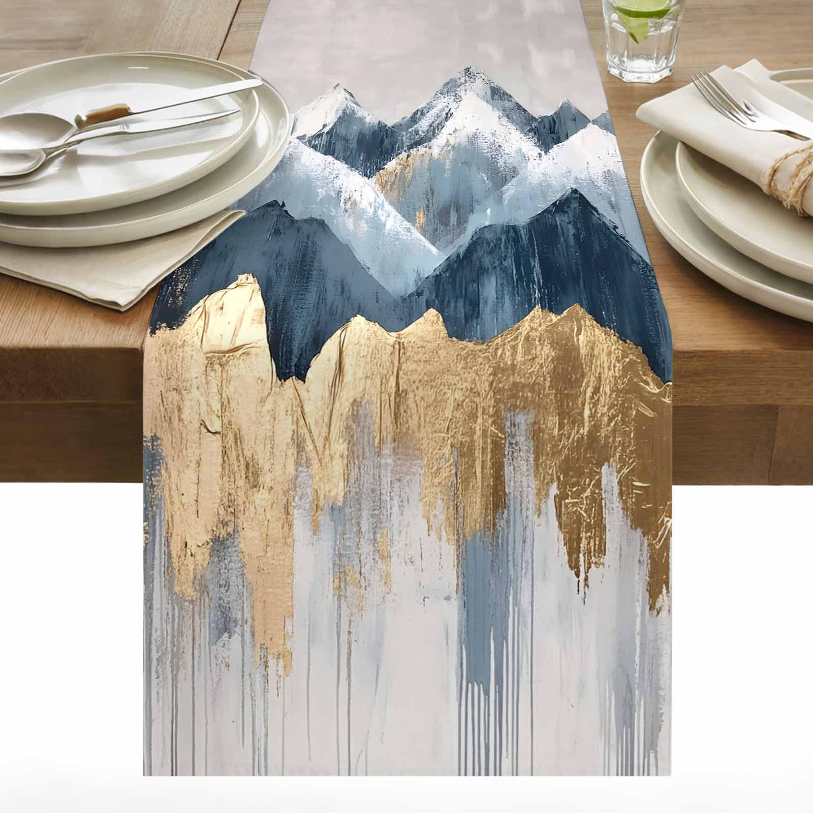 Abstact Color Block Table Runner 13x108 inch Blue Grey Mountain Gold ...