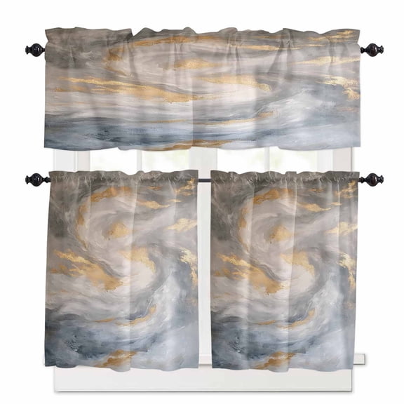Abstact Marble Texture Kitchen Curtains and Valances Set, Grey Brown Gold Gradient Art Rod Pocket Window Valance 18 Inch Window Curtain Panels for Living Room Bedroom Laundry, 27.5x24in, 3 Pieces