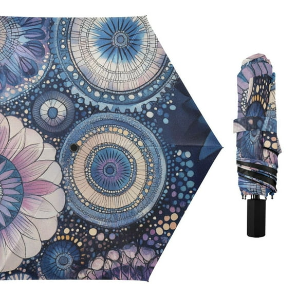 Abstarct Mandala Flowers All Weather Umbrella Triple Folding Parasol 6 Ribs UV Protection Portable