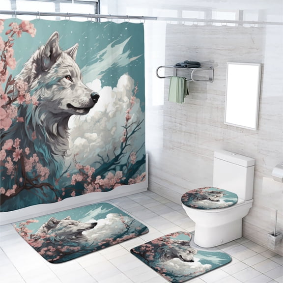Abstarct Wolf Shower Curtain Set Wild Animal Cherry Blossoms Nature Bathroom Sets Decor Accessories Bathroom Shower Curtains Set with Non-Slip Rug Toilet Lid Cover Bath Mat and 12 Hooks, 72x72 Inch