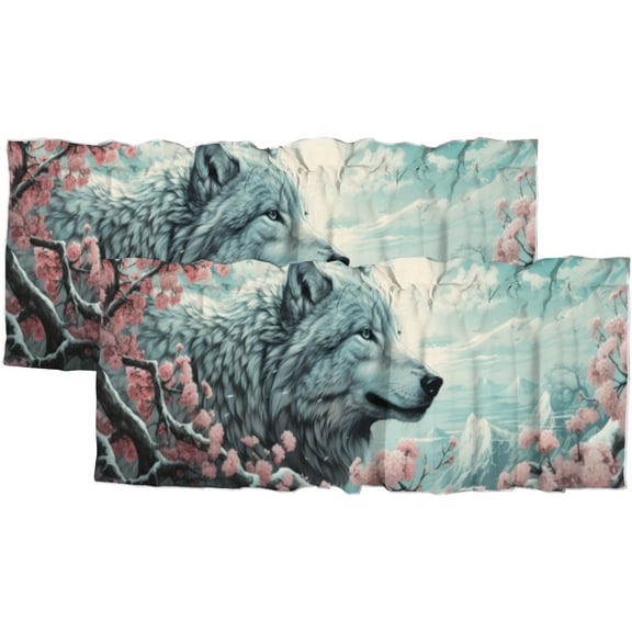 Abstarct Wolf Valance Curtain for Kitchen Wild Animal Cherry Blossoms Nature Window Valance for Living Room Bedroom, Kitchen Valance Rod Pocket Window Curtain 54 by 18 in, 2 Panel