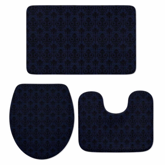 Abstrac Plant Bathroom Rugs Set Black Blue Flower Ethnic Style Non Slip Absorbent Soft Bath Mats 3 Piece Set with Bathroom Rug, U-Shaped Floor Mat, Toilet Seat Cover Small Size