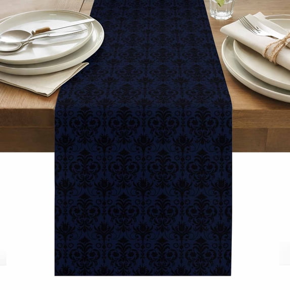 Abstrac Plant Cotton Linen Table Runner Black Blue Flower Ethnic Style ...
