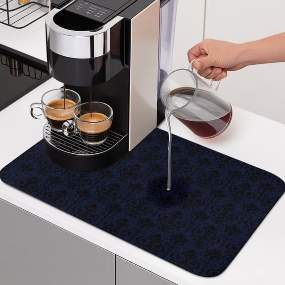 Abstrac Plant Dish Drying Mats for Kitchen Counter, Black Blue Flower Ethnic Style Absorbent Coffee Bar Mat with Non-slip Rubber Backed Quick Drying Dish Rack Pad 12"x16"