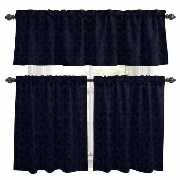 Abstrac Plant Kitchen Curtains and Valances Set, Black Blue Flower Ethnic Style Rod Pocket Window Valance 18 Inch Window Curtain Panels for Living Room Bedroom Laundry, 27.5x24in, 3 Pieces