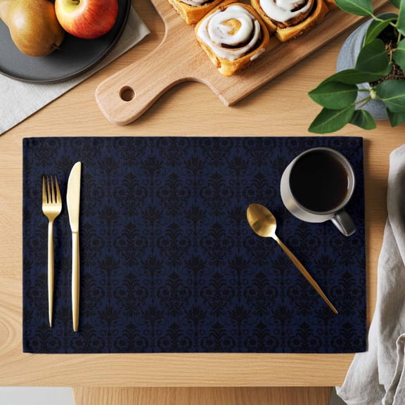 Abstrac Plant Placemats Set of 1, Black Blue Flower Ethnic Style Heat Insulated Linen Place Mats, Washable Stain-Proof Table Mats for Dining Tables Holiday Decor 13x19 Inches