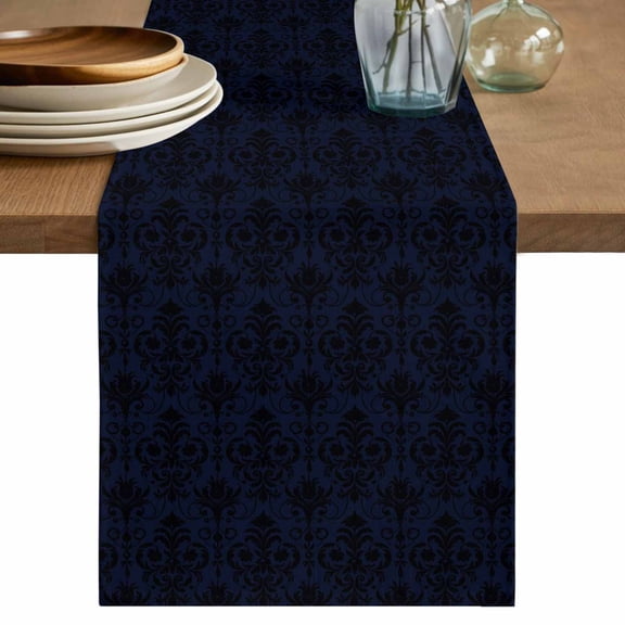 Abstrac Plant Table Runner, Black Blue Flower Ethnic Style Cotton Linen Kitchen Table Decoration Washable Dining Tabletop Runners for Home Party Decor 13x36 Inches