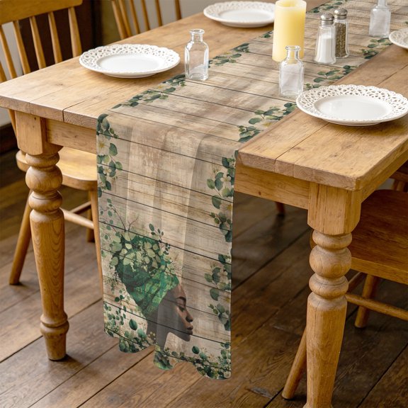Abstract 10ft Cheesecloth Table Runner for Wedding 27"x120", Women with Head Scarves Green Eucalyptus Leaf Flower Wood Grain Kitchen Dinner Sheer Tulle Chiffon Dresser Scarf, Holiday Party Decor