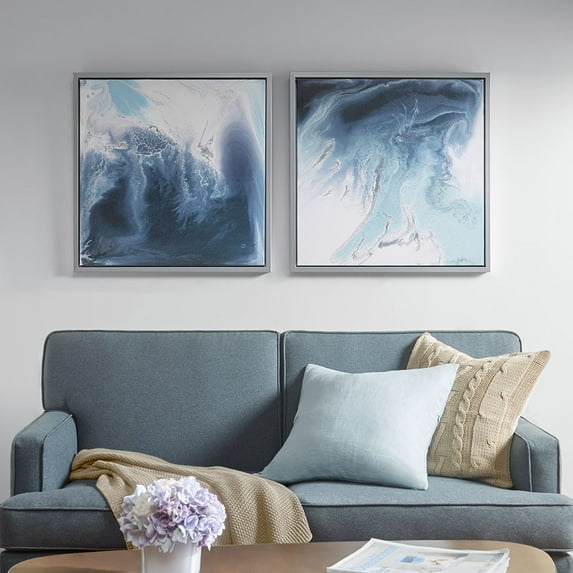 25.5" Blue Abstract Framed Canvas Wall Art Set - 2-Piece Gallery Style Prints with Silver Frame