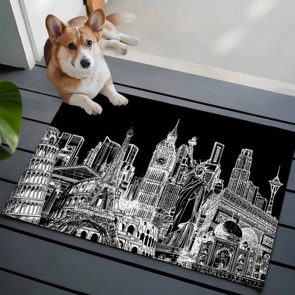 Abstract 2x3 Area Rugs for Living Room, White and Black Global Landmarks Modern Collage Art Non Slip Floor Mat Washable Low-Profile Indoor Carpet for Bedroom, Dining Room, Bathroom