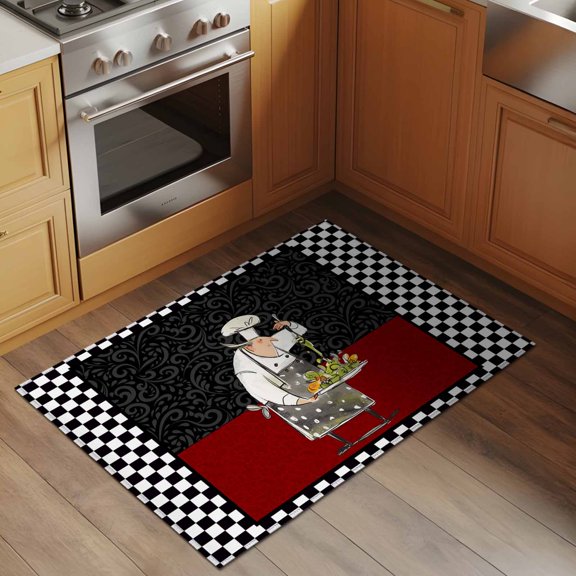 Abstract 2x3 Rug for Entryway Front Door Kitchen Sink Area, Cartoon Style Cooks Black White Checkered Border Low Pile Washable Non Slip Rectangle Area Rug