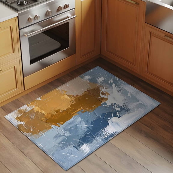 Abstract 2x3 Rug for Entryway Front Door Kitchen Sink Area, Retro Brown Blue Graffiti Mottled Painting Texture Low Pile Washable Non Slip Rectangle Area Rug